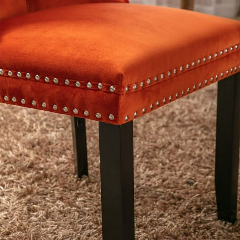 Velvet Fabric Dining Chairs Luxury Tufted Back with Nailed Trim and Back Ring Pull Home Kitchen Dining Room Chairs Armless Accent Side Chairs Solid Rubber Wood Legs.Orange