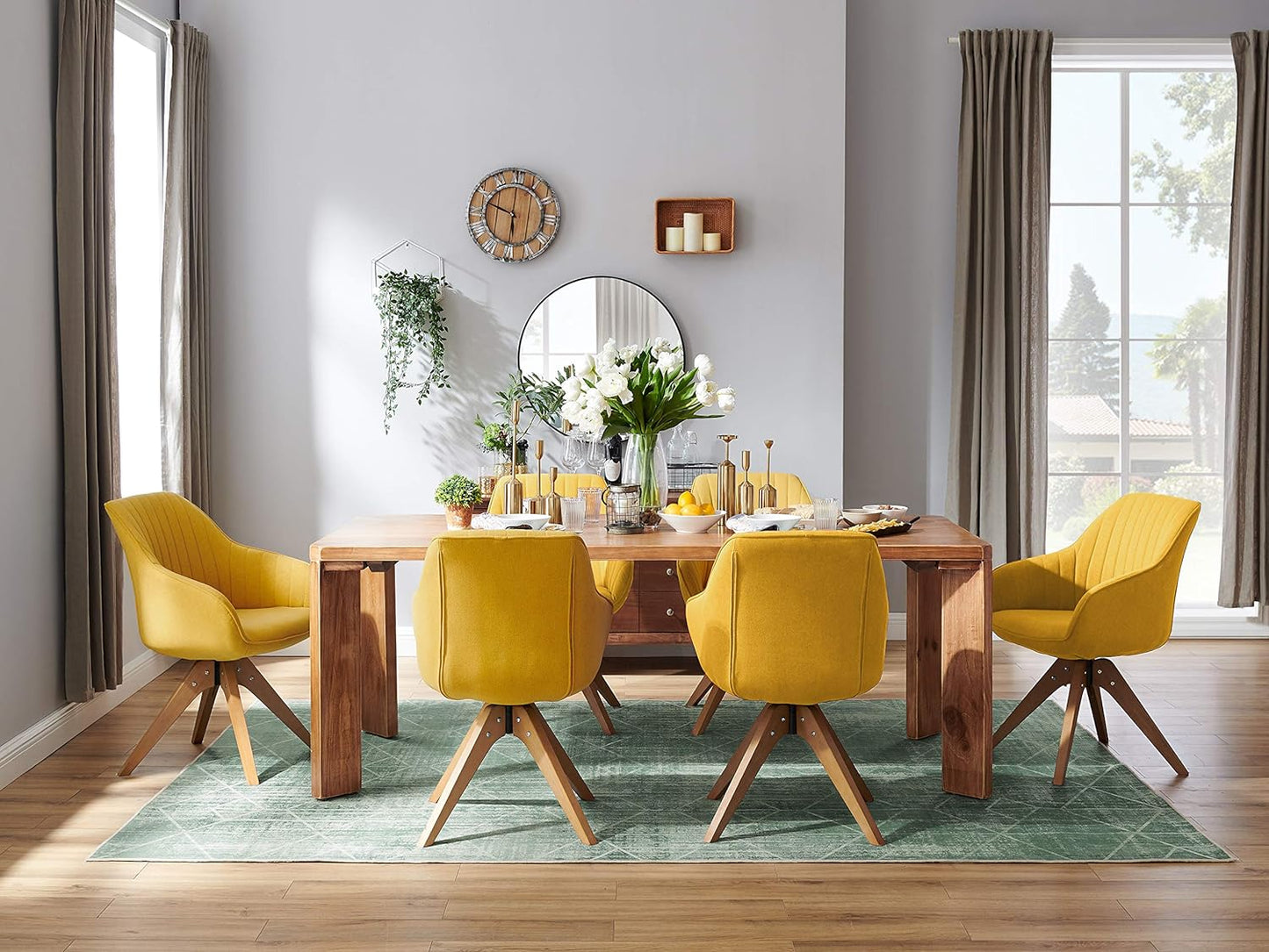 Set of 4 Mid Century Modern Fabric Upholstered Swivel Dining Room Chair with Wood Legs, Leisure Side Chair with Arms for Living Room, Yellow