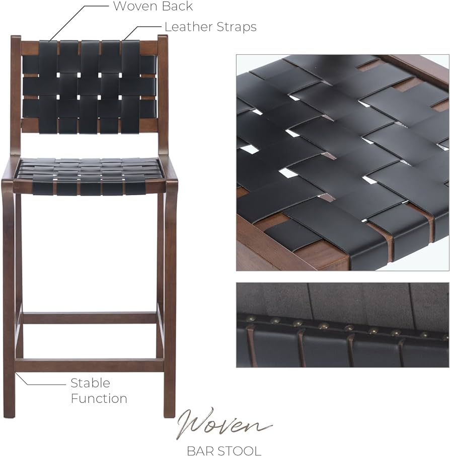 29'' Woven Bar Stools Midcentury Modern Kitchen Barstool with Faux Leather Straps, Stool Chair for Dining Room Kitchen Island High Table, Black