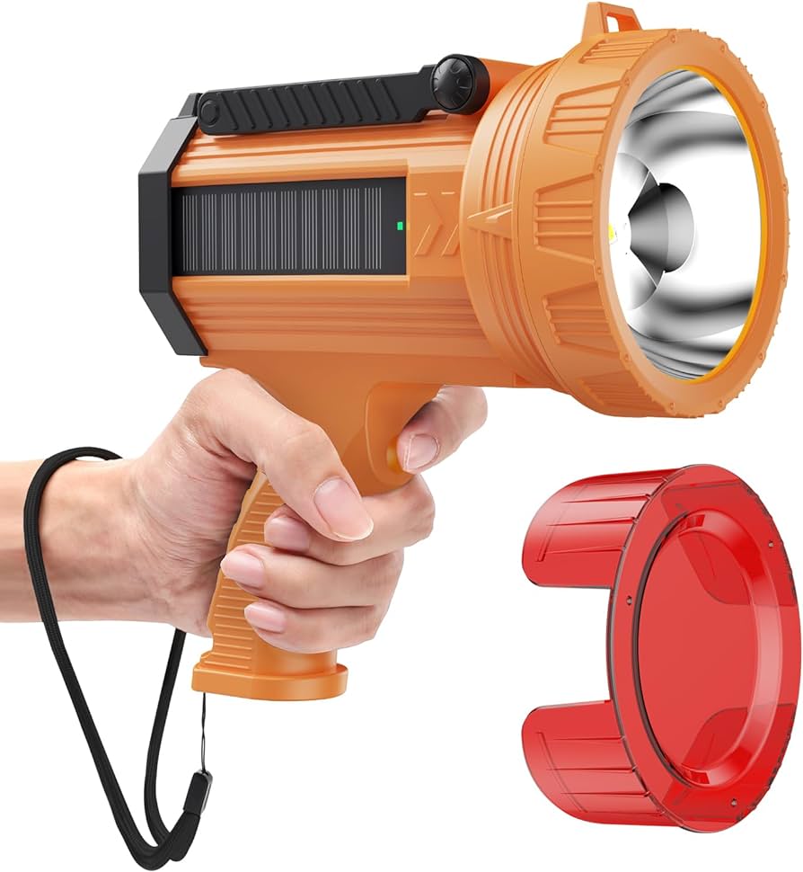 Rechargeable Spotlight Flashlight, 180000 lumens 606 Yards Range Solar Spot Lights Hand held Large flashlights with red Lens and Side Flood Light Warning Light USB C Recharge(Orange)