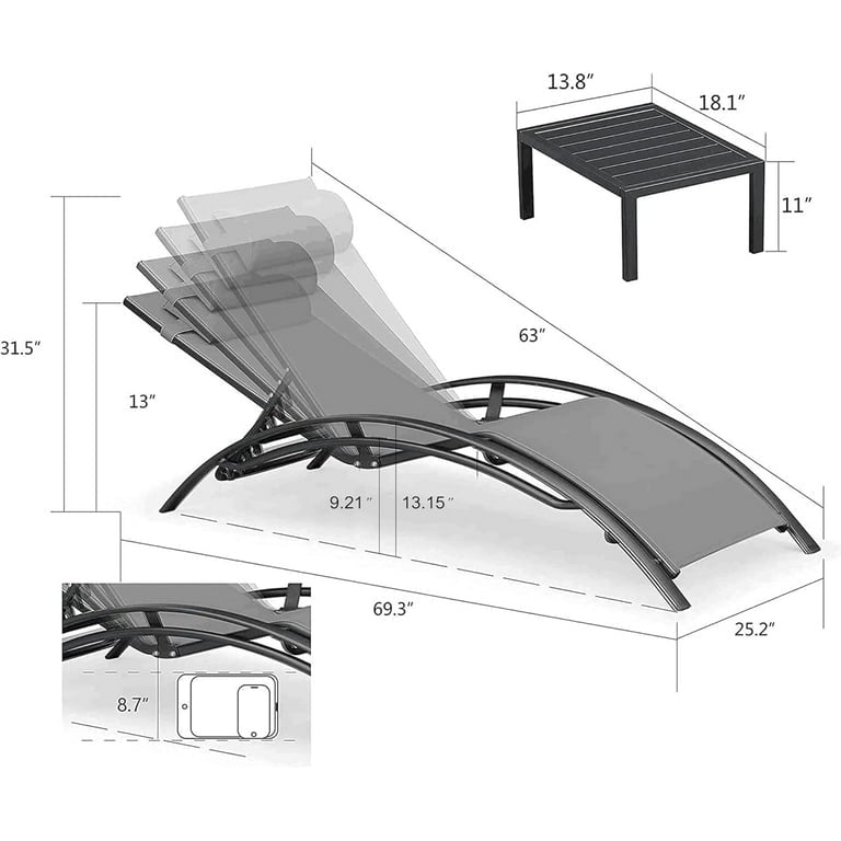 PURPLE LEAF 3 PCS Patio Chaise Lounge Chair Set with Side Table Poolside Adjustable Recliner Chairs for Outside Beach Outdoor Pool Sunbathing Tanning Loungers, Gray