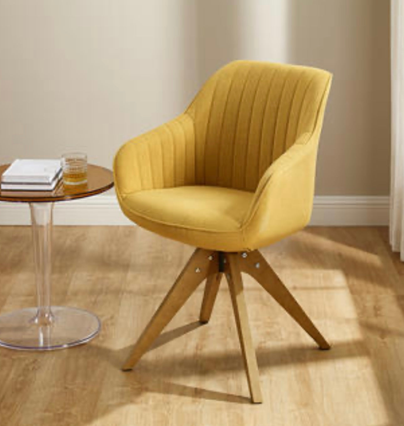 Set of 4 Mid Century Modern Fabric Upholstered Swivel Dining Room Chair with Wood Legs, Leisure Side Chair with Arms for Living Room, Yellow