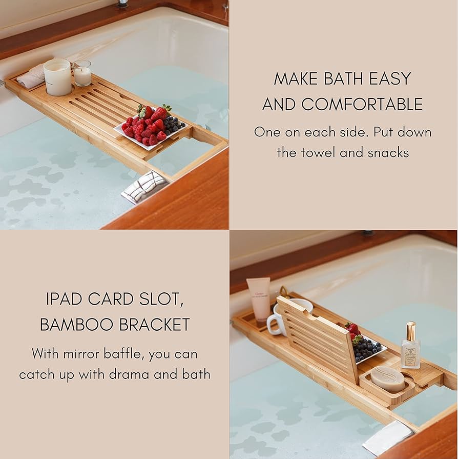 Bamboo Bathtub Caddy Tray, Expandable Bathtub Caddy Tray for Luxury Bath, Includes Cotton Towel, Soap Dish, Wine Glass Slot and Tablet Holder, Best Gift (Bamboo)