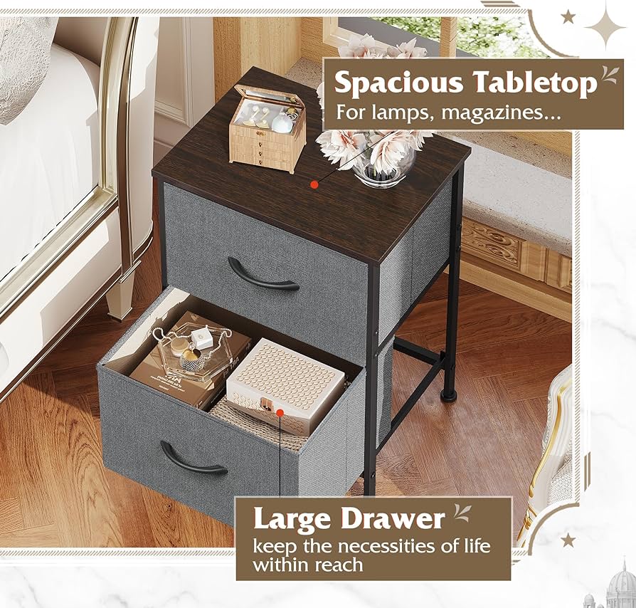 Nightstand, 2 Drawer Dresser for Bedroom, Small Dresser with 2 Drawers, Bedside Furniture, Night Stand, End Table with Fabric Bins for Bedroom, Closet, Entryway, College Dorm