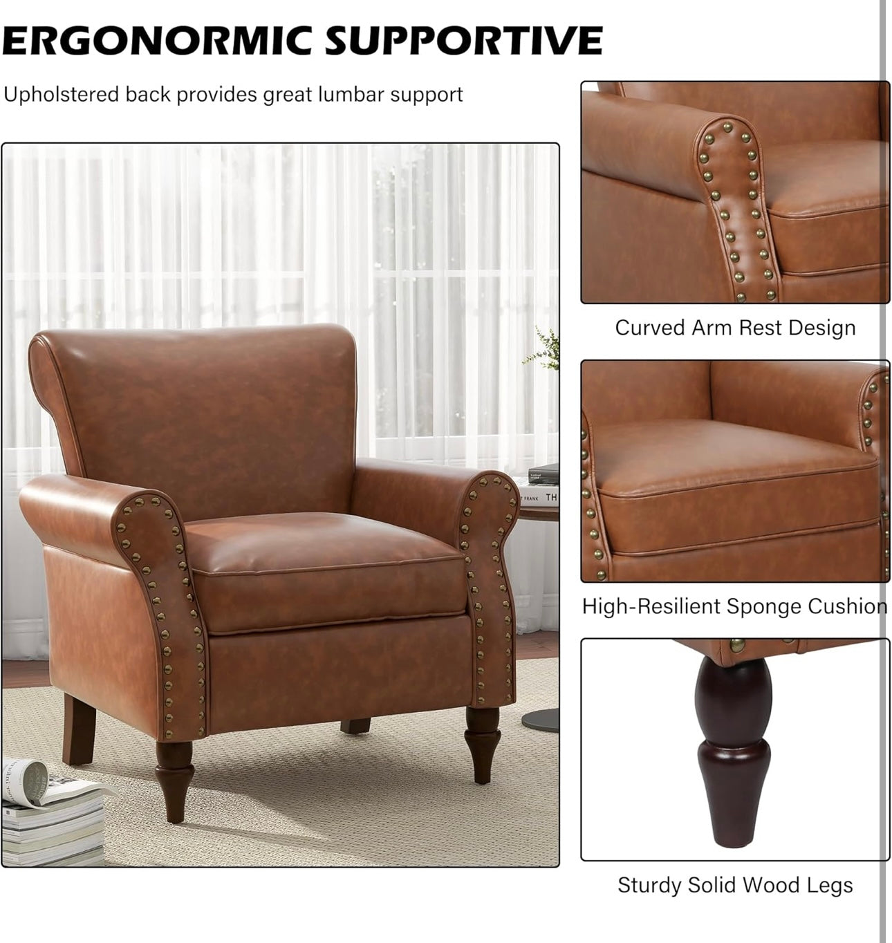 PU Leather Accent Chair, Modern Arm Club Chairs Nailed Trim Living Room Upholstered Armchair, Comfy Single Sofa Lounge Reading Seat Bedroom Side Seating for Home Office, Brown