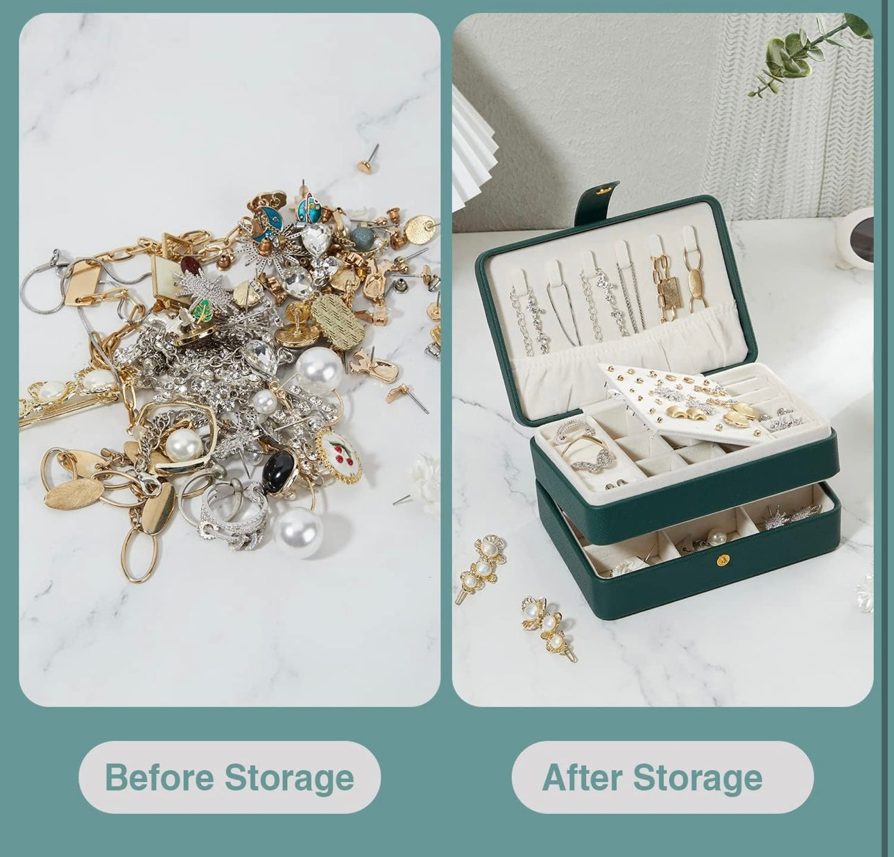 Jewelry Box, PU Leather Travel Jewelry Organizer Case for Women Girls, 2 Layers Portable Jewelry Storage Organizer for Stud Earrings, Rings, Necklaces, Bracelets. Green