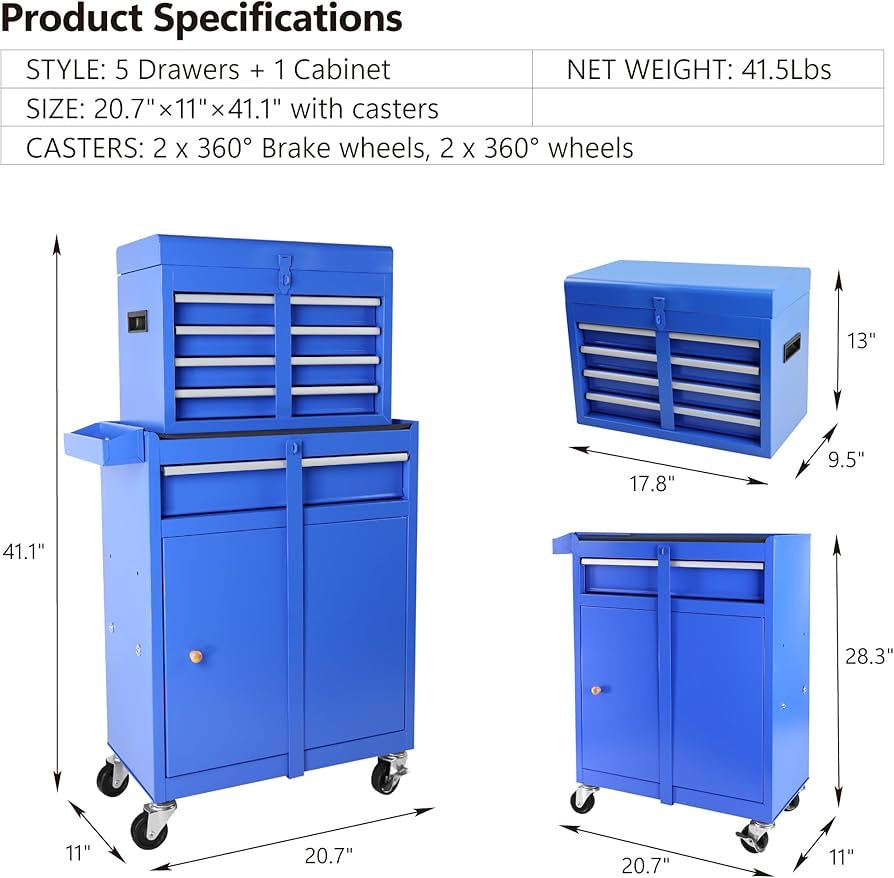 Blue Rolling Tool Chest, 5-Drawer Rolling Tool Storage Cabinet with Detachable Top Tool Box for Garage Workshop, Anti-Slip Liner, 2 Lockable Wheels, Adjustable Shelf, Locking Mechanism