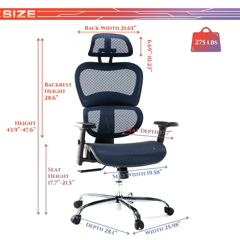Ergonomic Blue 47 '' Mesh High Computer Gaming Chair with 3D Lumbar Support and Wheels For Adult.