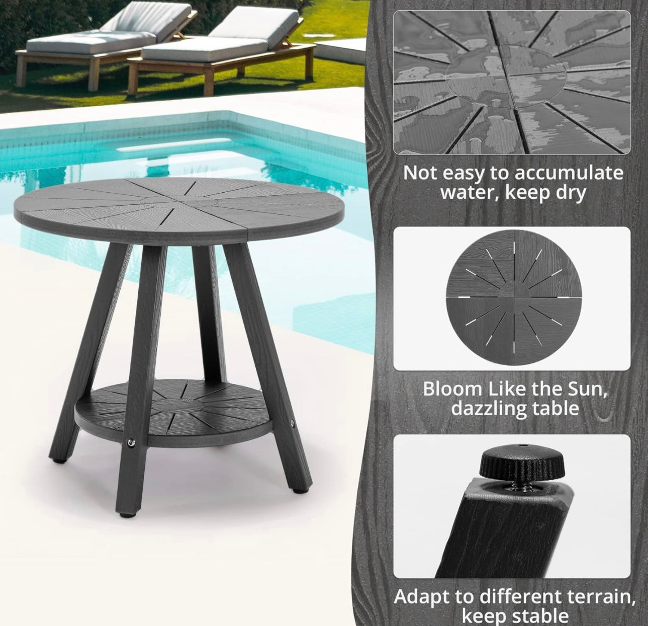 Outdoor Side Table, 19.6" Dark Gray Round Poly Outdoor Coffee Table Weather Resistant, Adirondack End Table for Patio, Pool, Porch, Bistro, Lawn, Balcony, 200lbs, Indoor or Outdoor Use