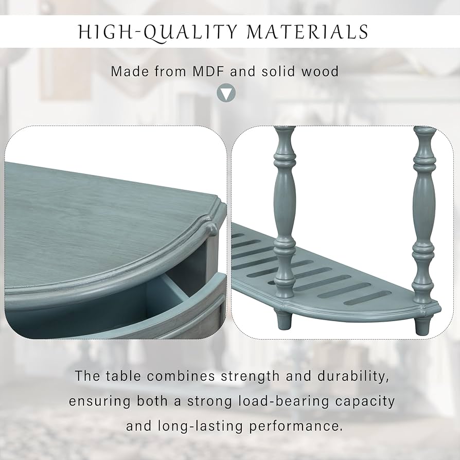 Antique Blue Classic Style Curved Console Table with 4 Drawers and 1 Shelf Semi-Circle MDF Wood Painted