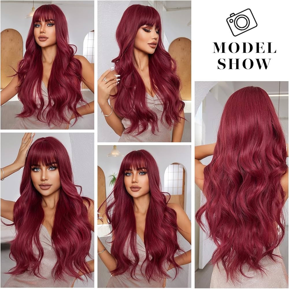 Red Wig with Bangs 26 Inch Long Wavy Wig Natural Looking Synthetic Heat Resistant Fiber Wigs for Women Daily Cosplay Use (Wine Red)