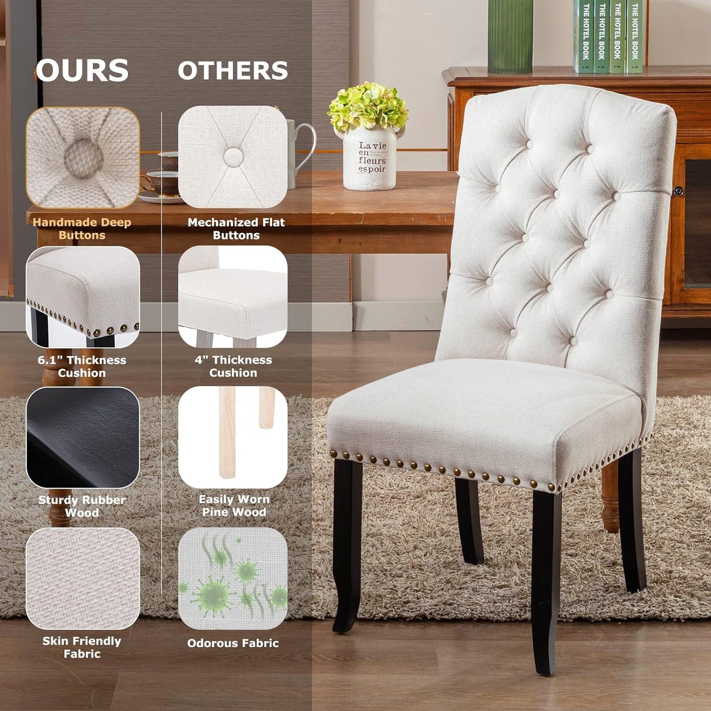 Button Tufted Dining Chairs. Upholstered Parsons Dining Room Chairs, Fabric Kitchen Side Chair with Nailhead Trim and Wood Legs, Beige