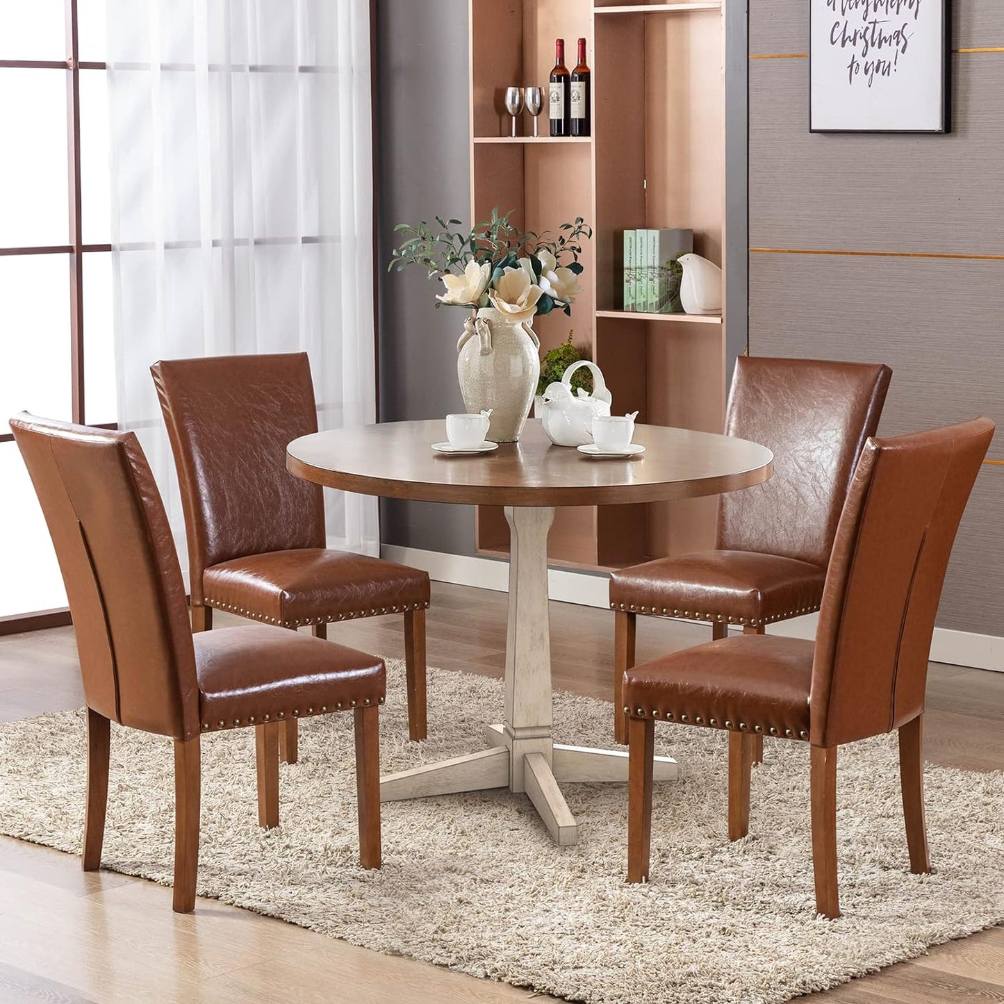 Upholstered Parsons Dining Chairs.PU Leather Dining Room Kitchen Side Chair with Nailhead Trim and Wood Legs - Light Brown
