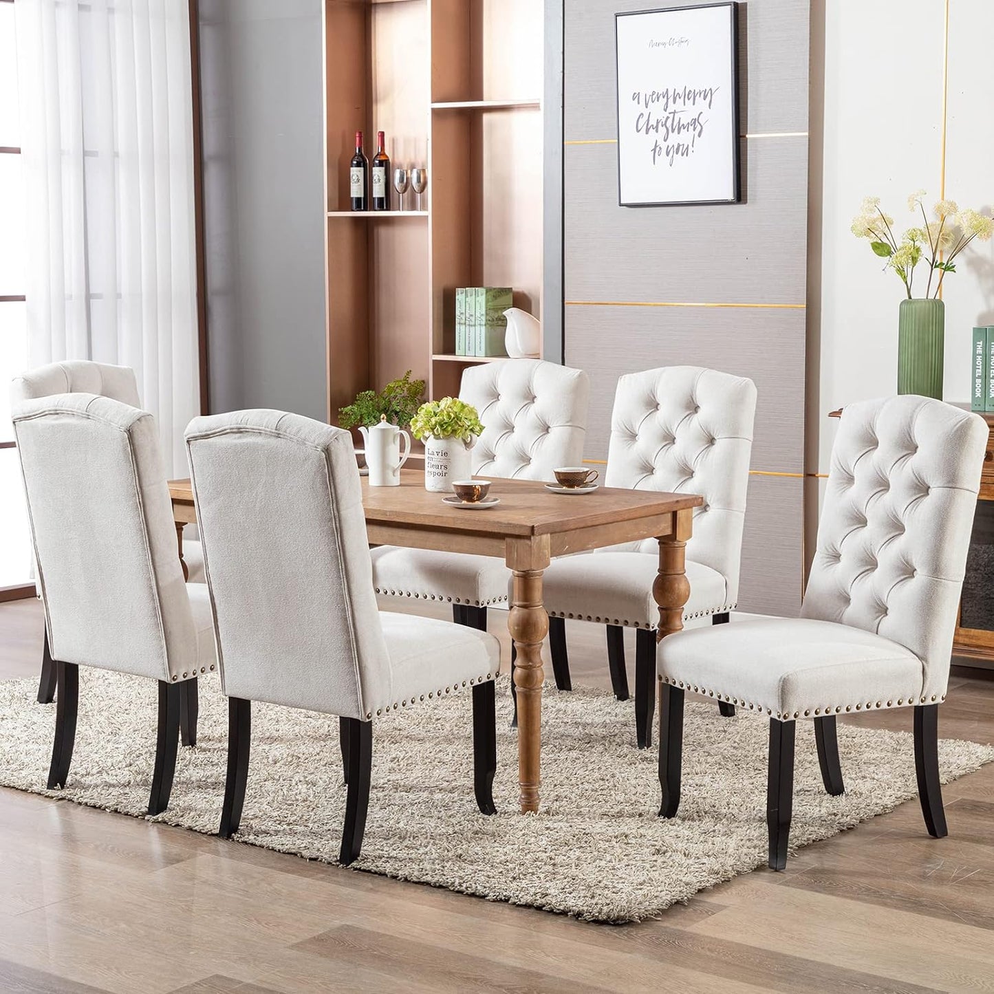 Button Tufted Dining Chairs. Upholstered Parsons Dining Room Chairs, Fabric Kitchen Side Chair with Nailhead Trim and Wood Legs, Beige