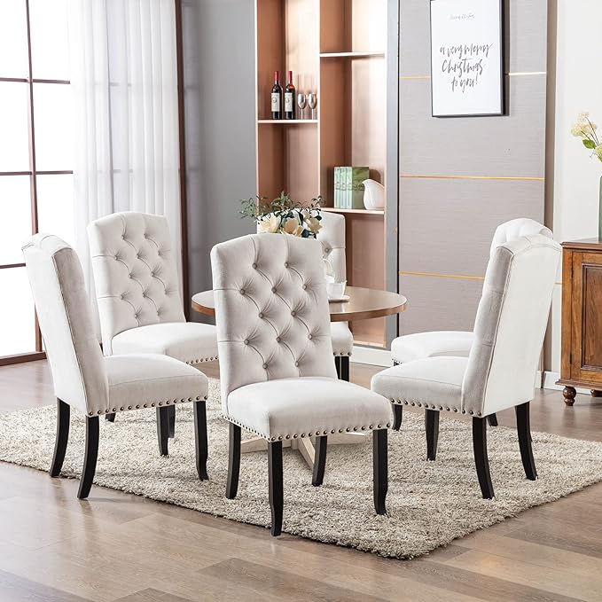 Button Tufted Dining Chairs. Upholstered Parsons Dining Room Chairs, Fabric Kitchen Side Chair with Nailhead Trim and Wood Legs, Beige