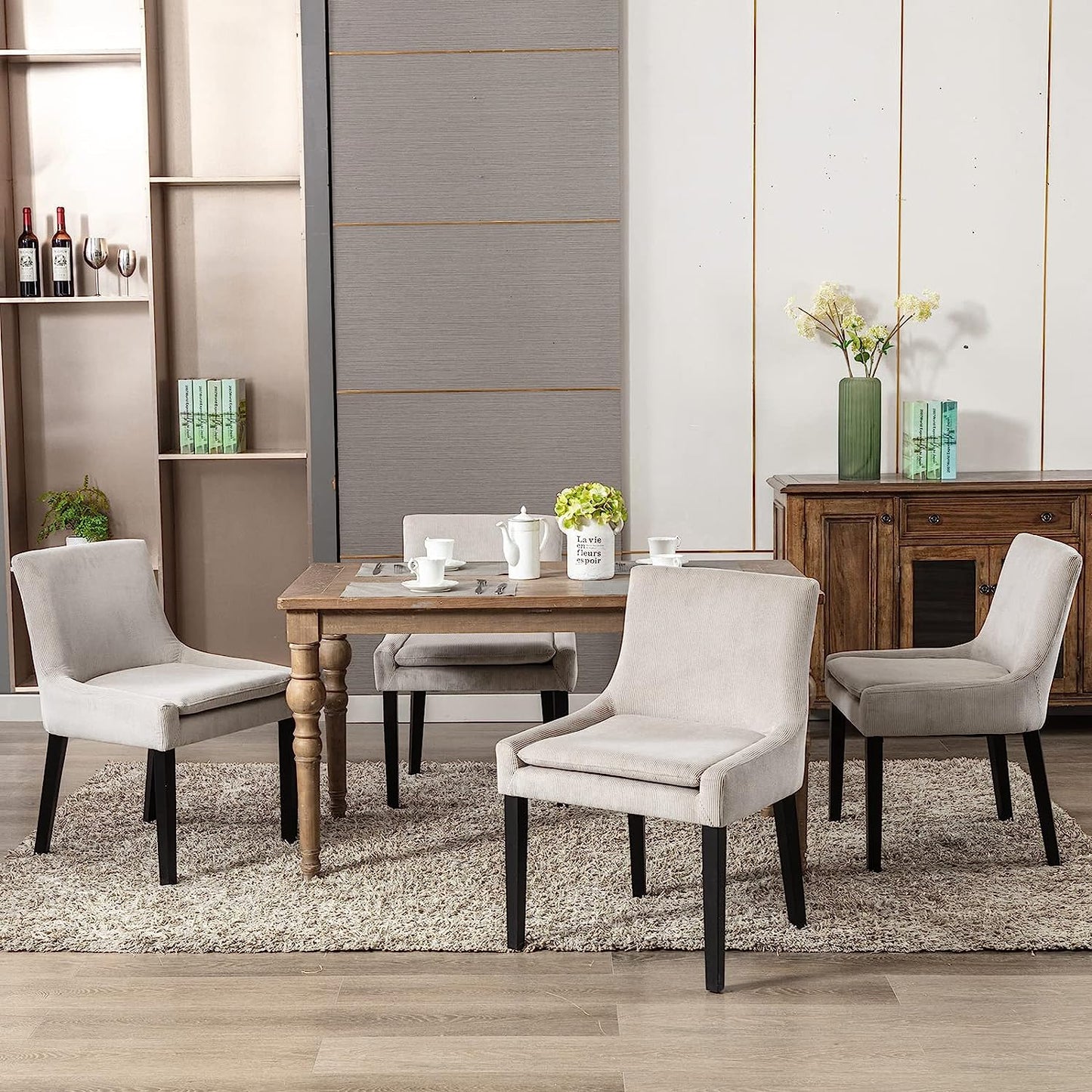 Modern Dining Chairs Set of 2, Upholstered Corduroy Accent Side Leisure Chairs with Mid Back and Wood Legs for Living Room/Dining Room/Bedroom/Guest Room-Beige