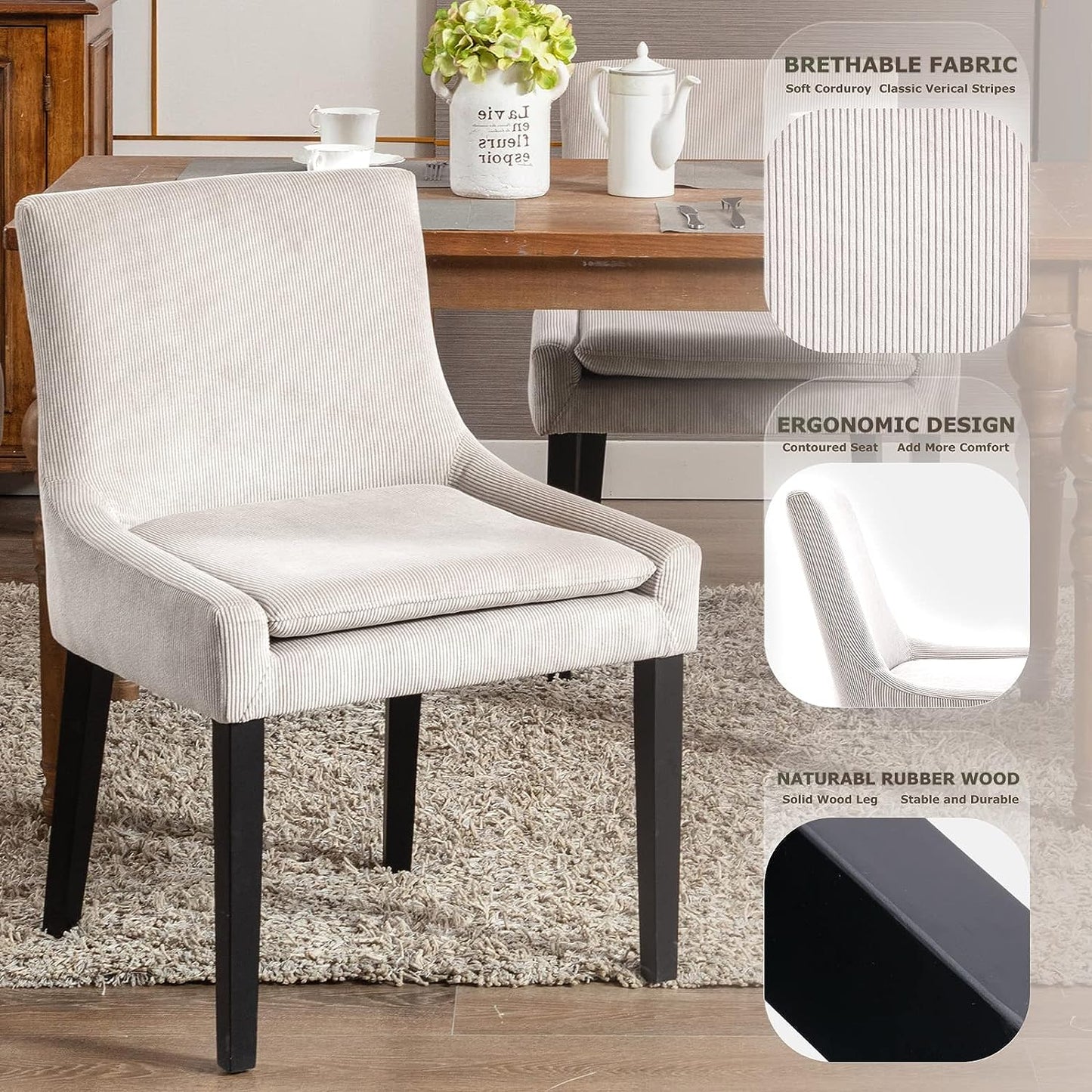 Modern Dining Chairs Set of 2, Upholstered Corduroy Accent Side Leisure Chairs with Mid Back and Wood Legs for Living Room/Dining Room/Bedroom/Guest Room-Beige