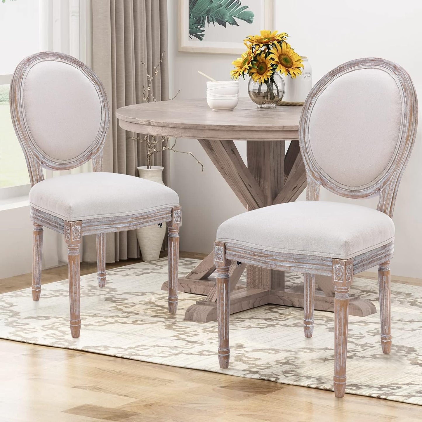 French Country Vintage Dining Chairs with Round Back, Solid Wood Legs, Accent Side, Upholstered for Farmhouse, Dining Room, Kitchen/Living Room/Bedroom-Classic Beige