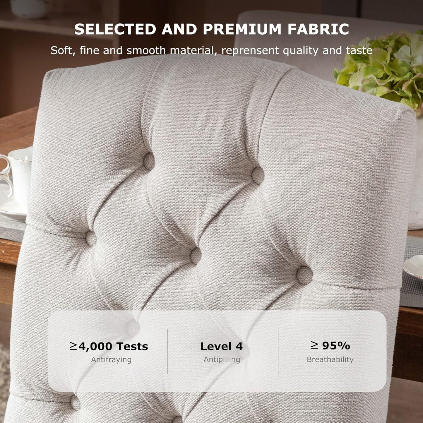 Button Tufted Dining Chairs. Upholstered Parsons Dining Room Chairs, Fabric Kitchen Side Chair with Nailhead Trim and Wood Legs, Beige