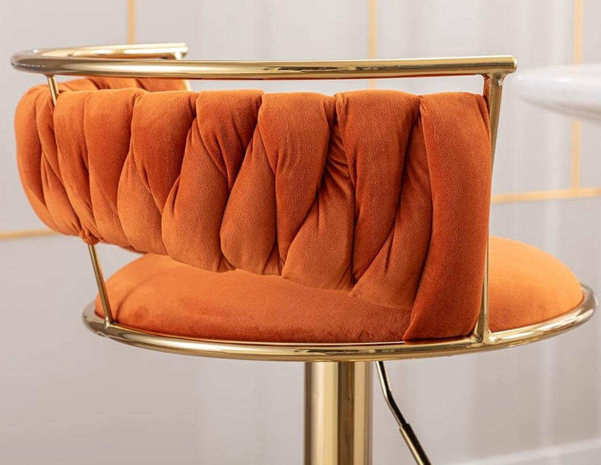 Modern Swivel Bar Stools Velvet Adjustable Height Barstools Low Back Kitchen Island Counter Bar Chair with Golden Base, Orange.Set of 1