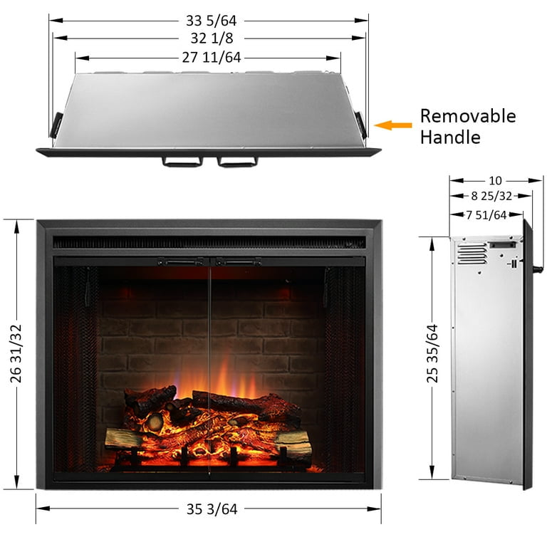33" Electric Fireplace Insert EF45B, Fire Crackling Sound, Glass Door, Mesh Screen, 750/1500W, Black