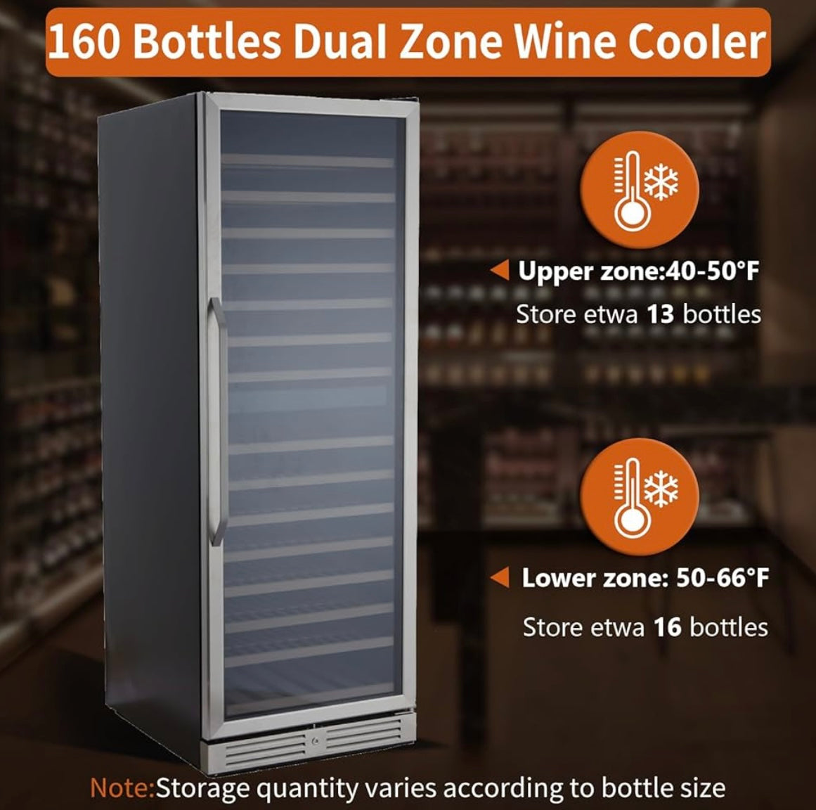 160 Bottle Wine Cooler Refrigerator, 24โ Dual Zone Seamless Stainless Steel Built-in Freestanding Wine Fridge, Double-Layer Tempered G lass Door with Lock, Under Counter Wine Cellar