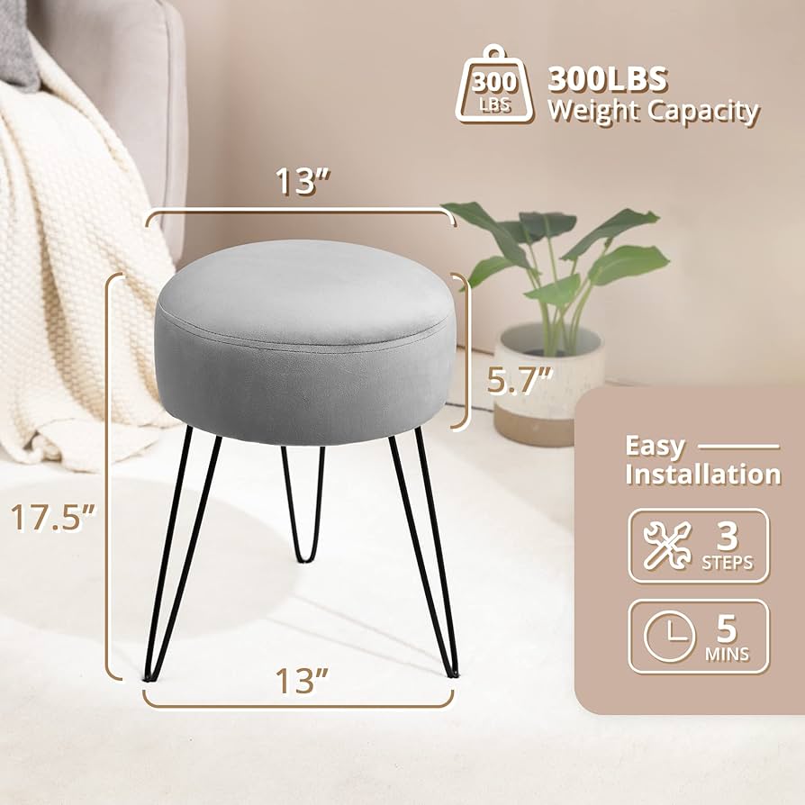 Vanity Stool, Teal Vanity Stools for Makeup Room, Round Ottoman Foot Stool, Velvet Footrest Vanity Chair for Bathroom Vanity, Bedroom, Living Room, Entryway, Offices