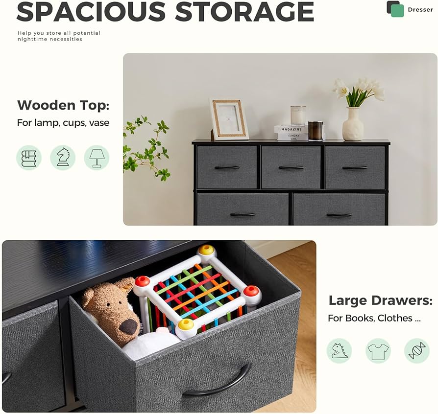 Dresser for Bedroom with 7 Drawers, Storage Organizer Units Furniture, Chest Tower TV Stand with Fabric Bins, Metal Frame, Wooden Top for Nursery, Living Room, Kidsroom, Closet