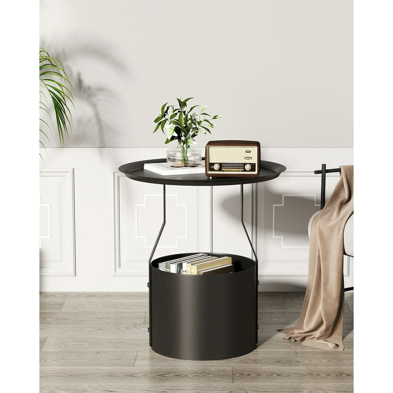 End Table Round Sofa Side Table with Iron Storage Basket Small Coffee Tables Nightstand Bedside Table for Living Room Bedroom Metal-Black