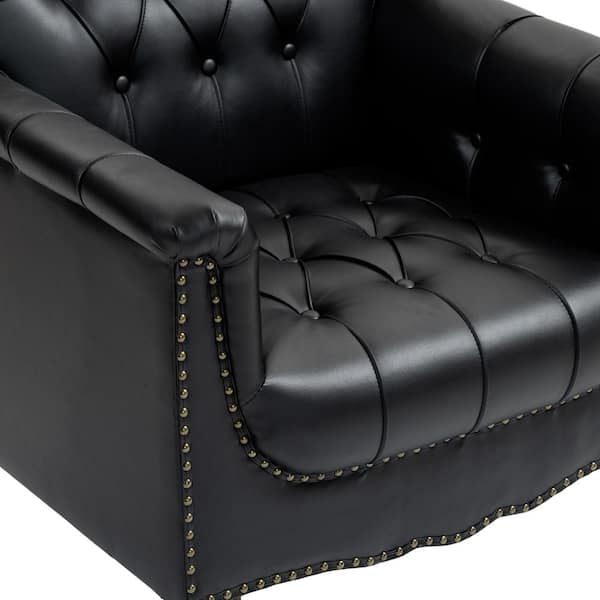 Mid-Century Black Faux Leather Button Tufted Accent Arm Chair with Wood Legs (Set of 1)