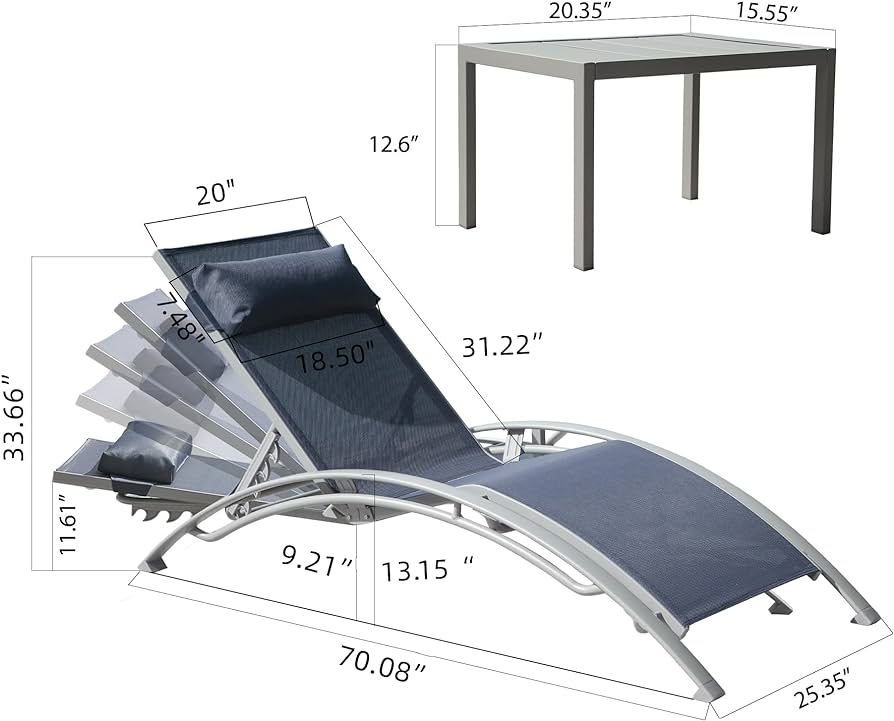 Pool Chairs Set of 3, Adjustable Aluminum Outdoor Loungers with Metal Side Table, All Weather