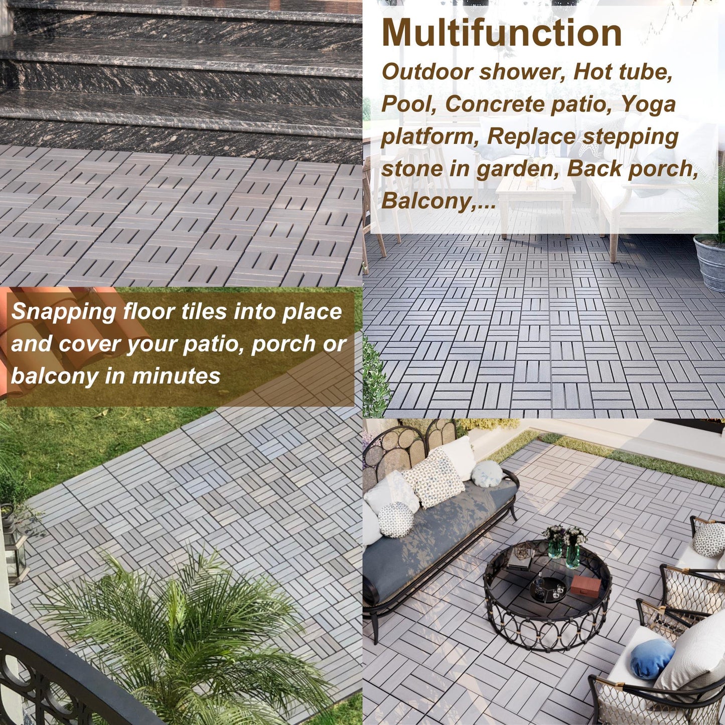Solid Wood Patio Deck Tiles, Pack of 10, 12"x12" Square Interlocking Flooring Tiles, Acacia Wood Composite Decking Floor Tiles Indoor Outdoor, Floor Tile for Garden Poolside Backyards