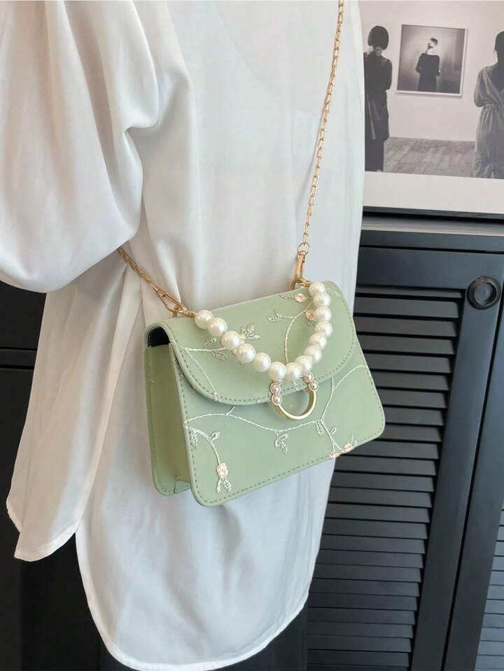 Faux Pearl Handle Top Green Floral Embroidery crossbody mini bag