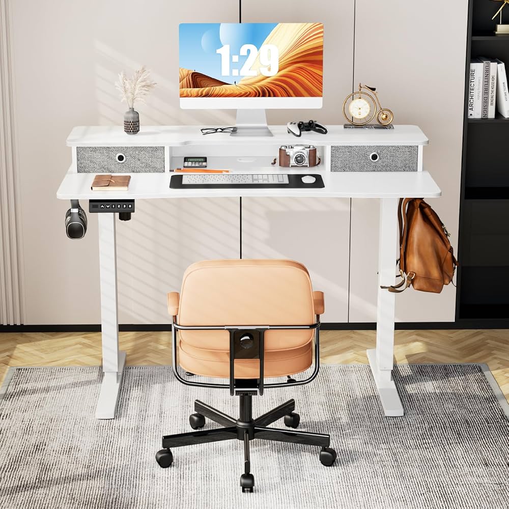 55" X 24" Inch Electric Standing Desk Adjustable Height Stand Up Desk, Sit Stand Desk Adjustable Desk, Home Office Computer Desk With Storage Shelf, Double Drawer,Splice Board,2 Hook