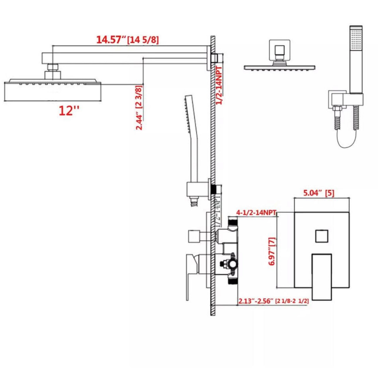 Champagne Bronze Shower System 12inch Brushed Gold Faucet Mixer Trim Kit (Valve Included)
