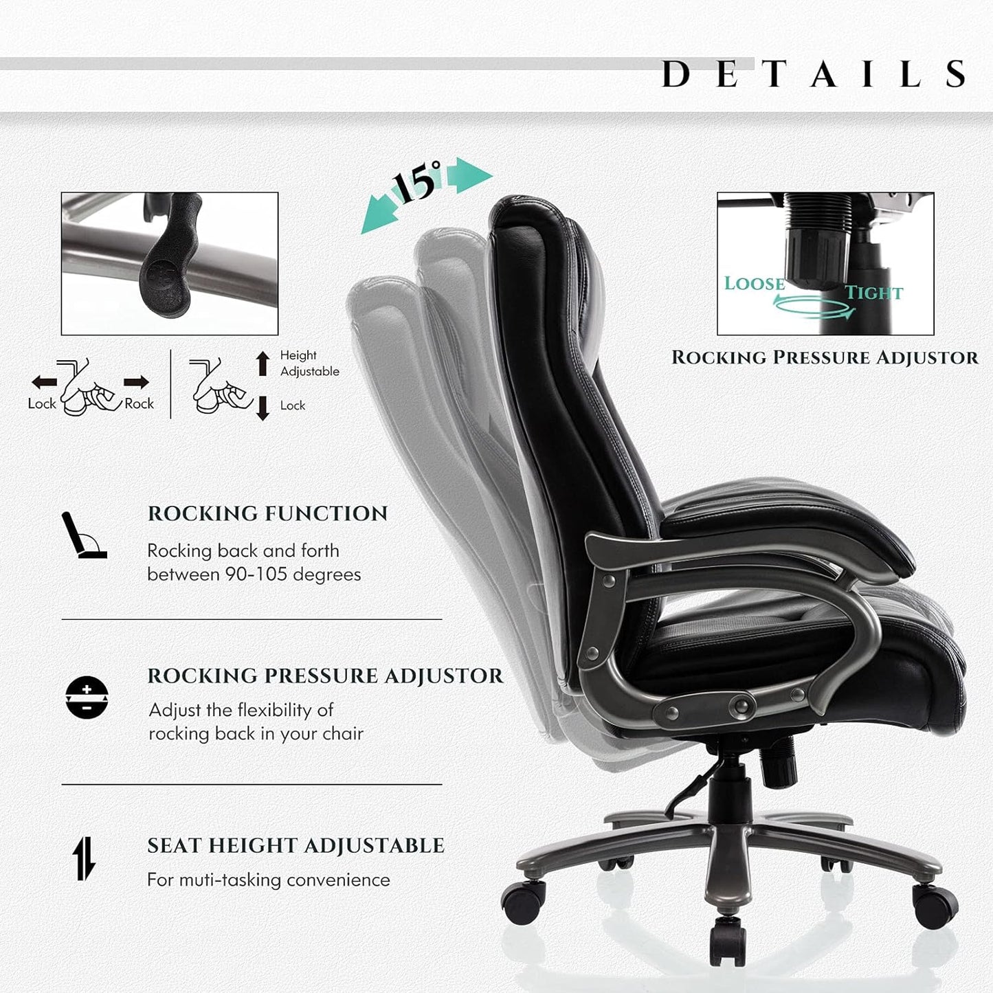 Big & Tall 400lb Office Chair - High Back Executive Computer Chair Heavy Duty Metal Base and Adjustable Tilt Angle Large Bonded Leather Desk Swivel Chair, Ergonomic Design for Lumbar Support