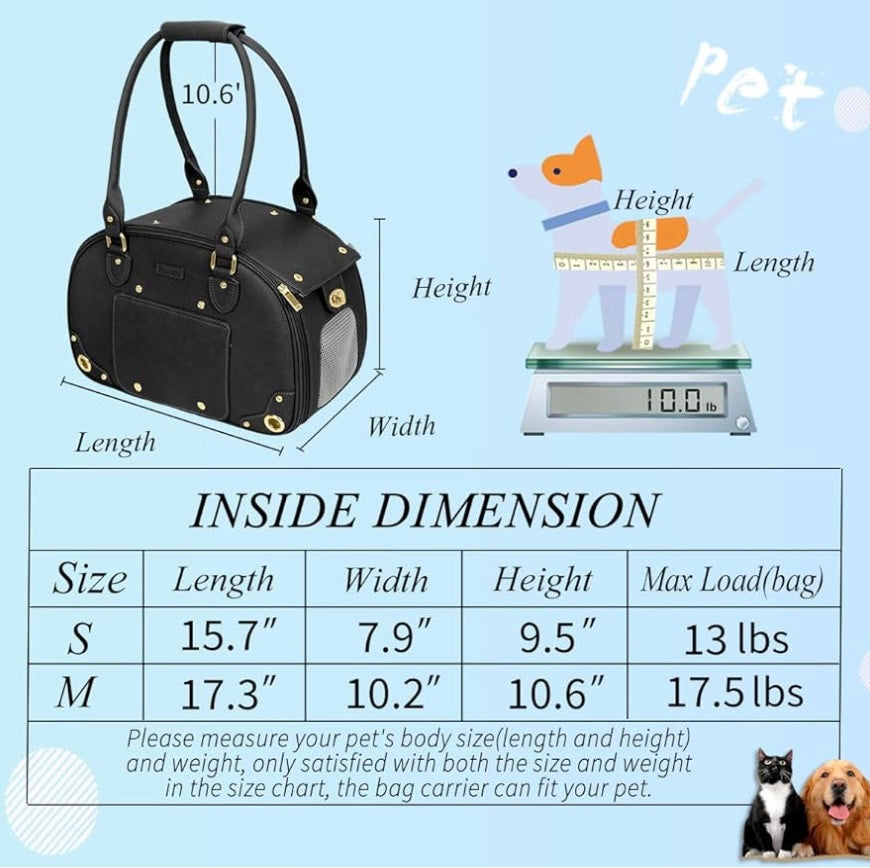 Dog Carrier Purse, Pet Carrier, Cat Carrier, Foldable Waterproof Premium PU Leather Pet Travel Portable Bag Carrier for Cat and Small Dog Home & Outdoor Medium Black