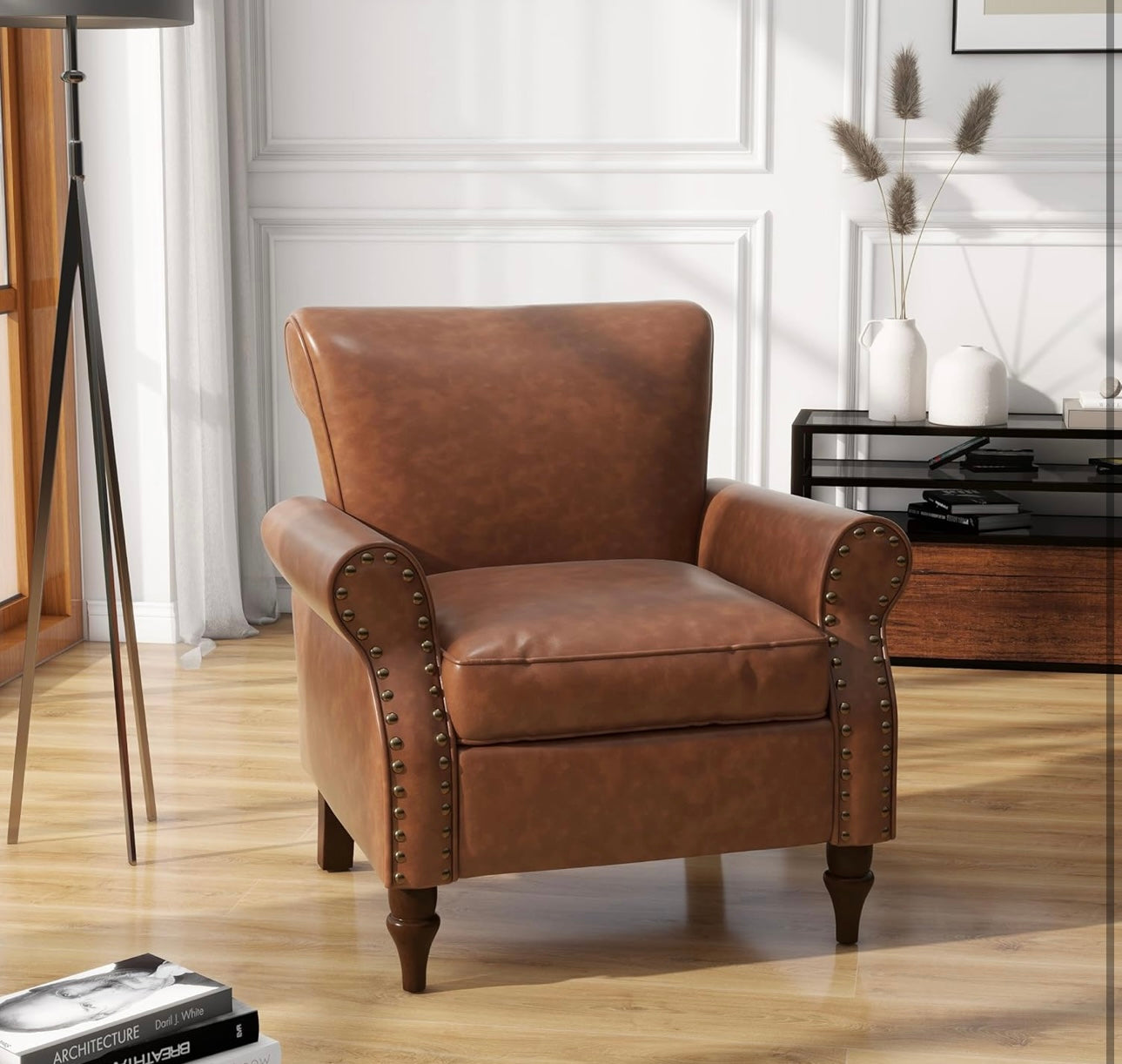 PU Leather Accent Chair, Modern Arm Club Chairs Nailed Trim Living Room Upholstered Armchair, Comfy Single Sofa Lounge Reading Seat Bedroom Side Seating for Home Office, Brown