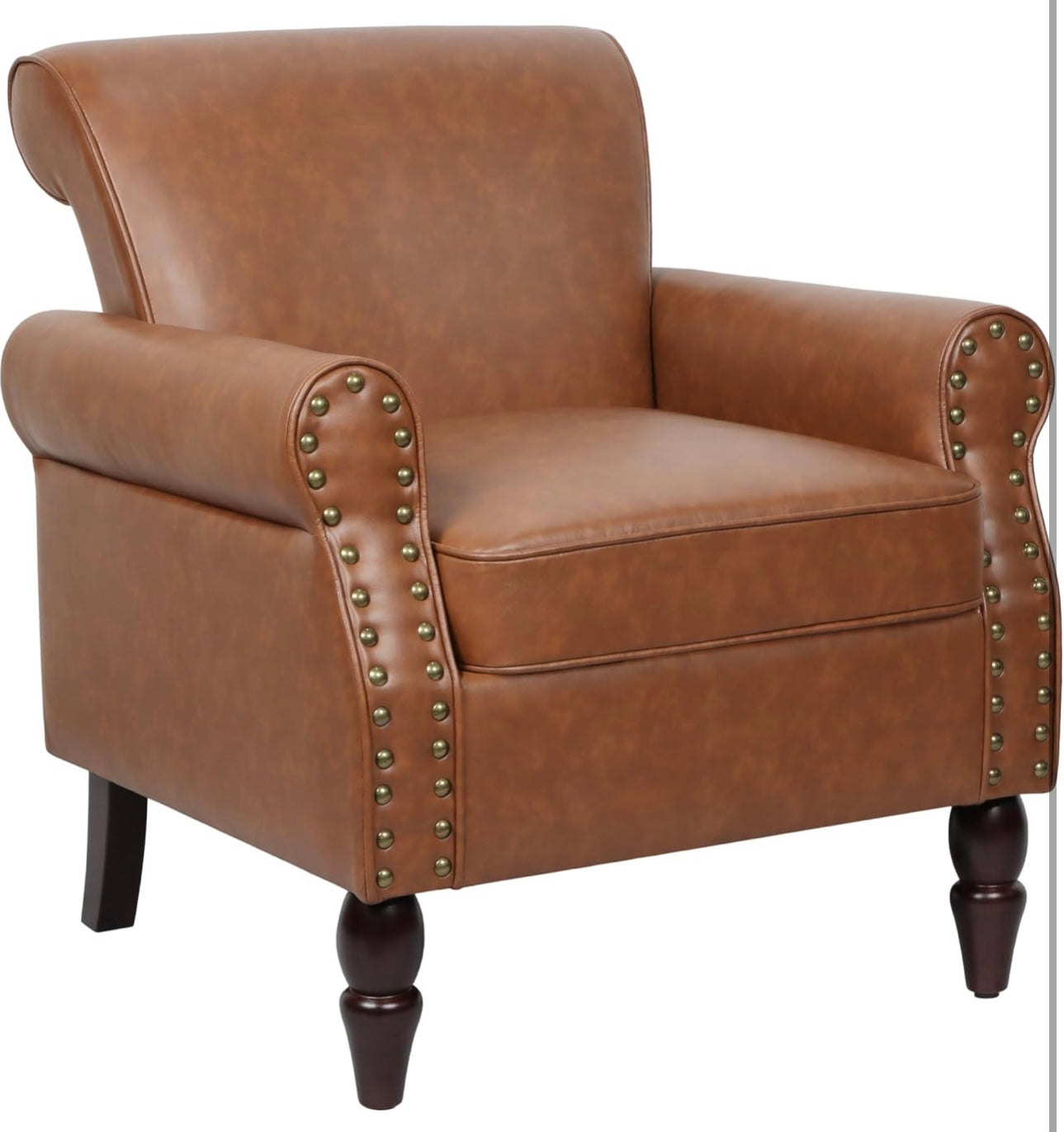 PU Leather Accent Chair, Modern Arm Club Chairs Nailed Trim Living Room Upholstered Armchair, Comfy Single Sofa Lounge Reading Seat Bedroom Side Seating for Home Office, Brown