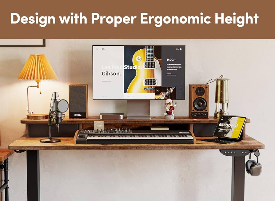 55x24 Inch Electric Standing Desk with Double Drawers, Adjustable Height Stand Up Desk, Sit Stand Home Office Desk with Storage Shelf, Rustic Brown Top
