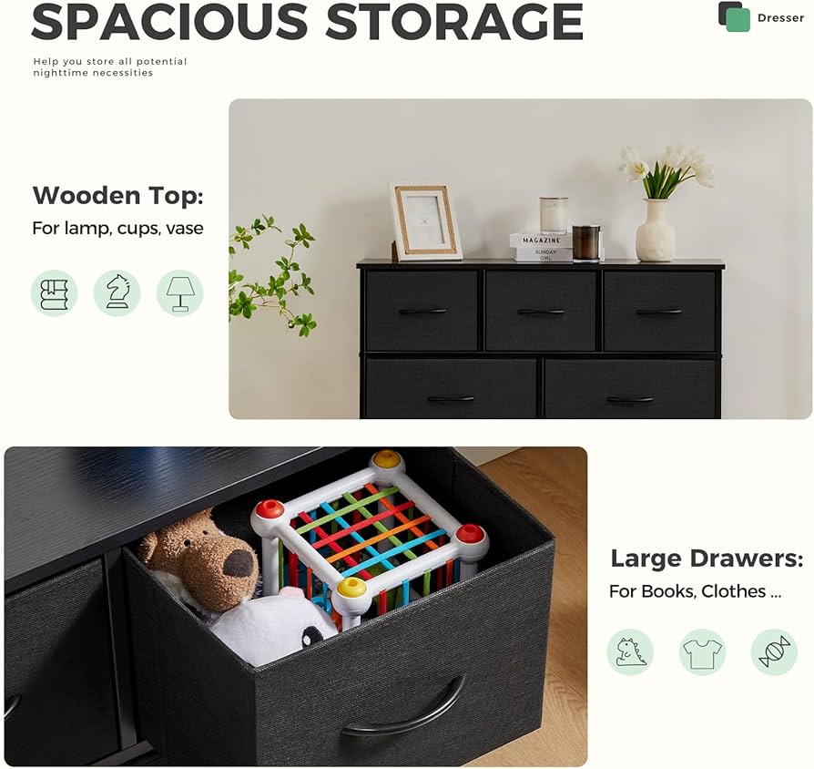 Dresser for Bedroom with 7 Drawers, Storage Organizer Units Furniture, Chest Tower TV Stand with Fabric Bins, Metal Frame, Wooden Top for Nursery, Living Room, Kidsroom, Closet