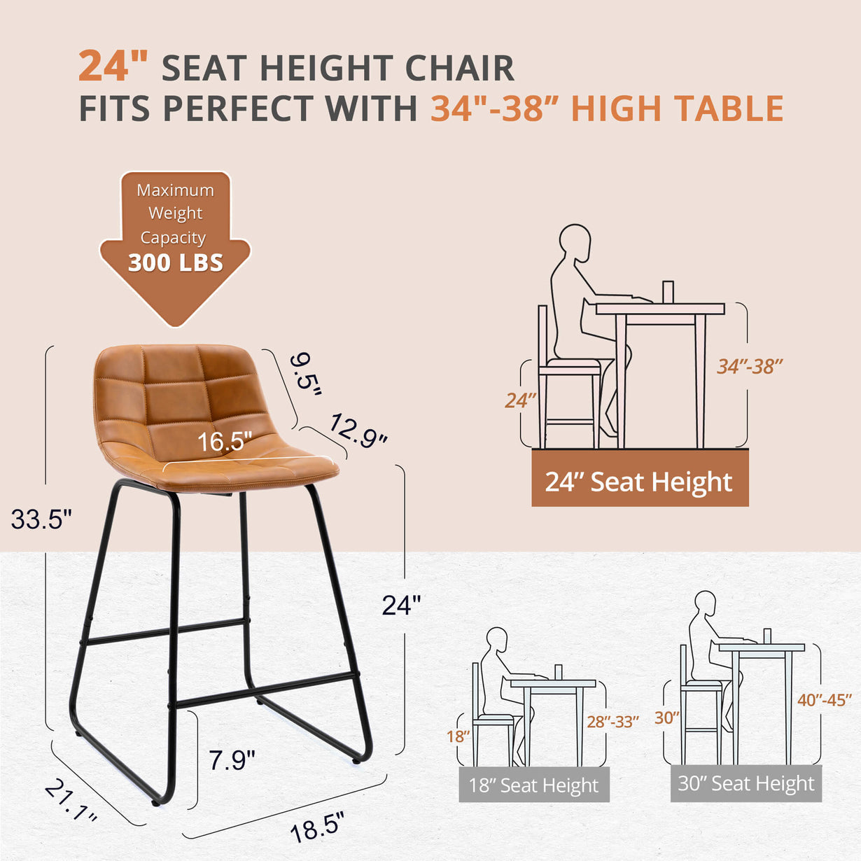 Set of 4, 24''Ada King Barstool. Black