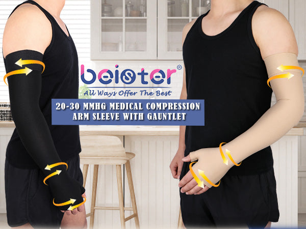 Lymphedema Medical Compression Arm Sleeve with Gauntlet for Men & Women (Single), 20-30 mmHg Full Arm Support with Dot Silicone Band, Graduated Compression Arm Brace for Swelling, Arthritis