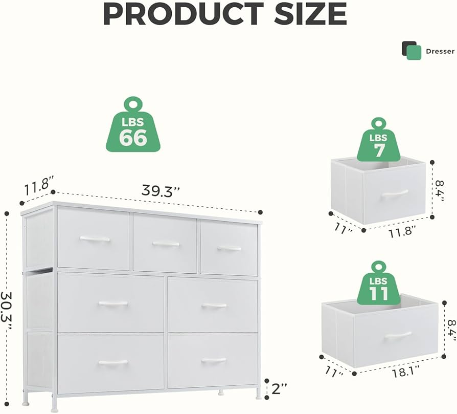 Dresser for Bedroom with 7 Drawers, Storage Organizer Units Furniture, Chest Tower TV Stand with Fabric Bins, Metal Frame, Wooden Top for Nursery, Living Room, Kidsroom, Closet