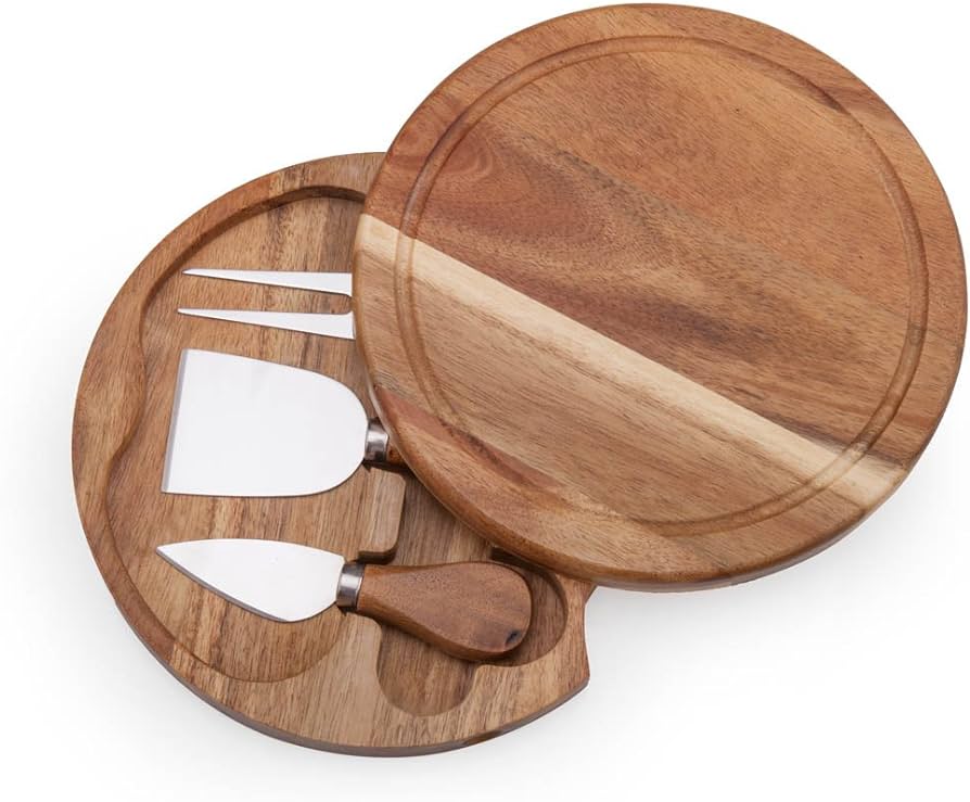 Round Slide-Out Acacia Wood Cheese Serving Board and 3 Piece Cheese Tool Set, 7.5 inch Diameter, Ideal for Outdoor Picnic Housewarming Kitchen Personalized Gift