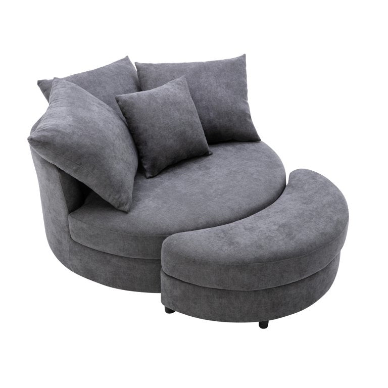 360° Swivel Accent Barrel Chair with Half Moon Shape Storage Ottoman & 4 Pillows,Modern Linen Leisure Chair with Soft Cushions,Round Club Lounge Chair for Living Room Bedroom Hotel,Dark Gray