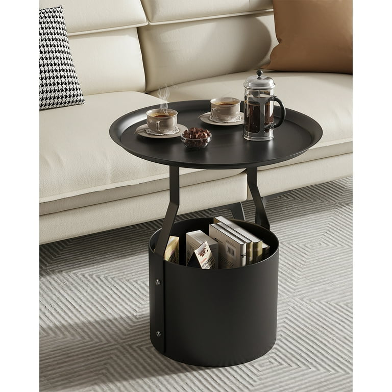 End Table Round Sofa Side Table with Iron Storage Basket Small Coffee Tables Nightstand Bedside Table for Living Room Bedroom Metal-Black