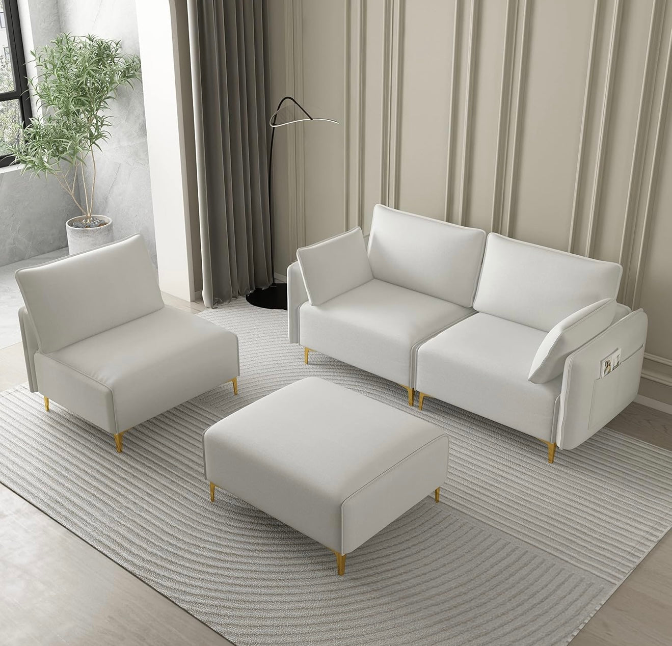 Generic Sectional Sofa with USB Beige Fabric
