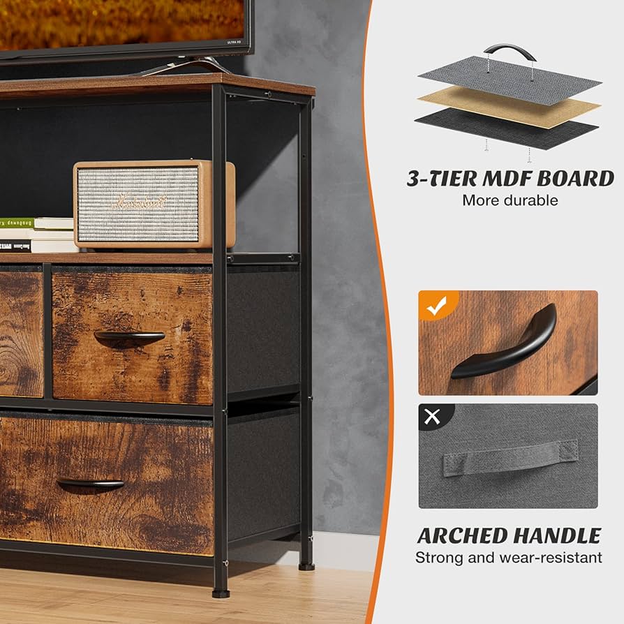 TV Stand for Bedroom, TV Dresser for 45 inches, Media Console Table, ETV Stand for Bedroom, TV Dresser for 45 inches, Media Console Table, Entertainment Center with 5 Fabric Drawers Cabinet and Open Storage Shelf Furniture Cabinet for Living Room, Hallway