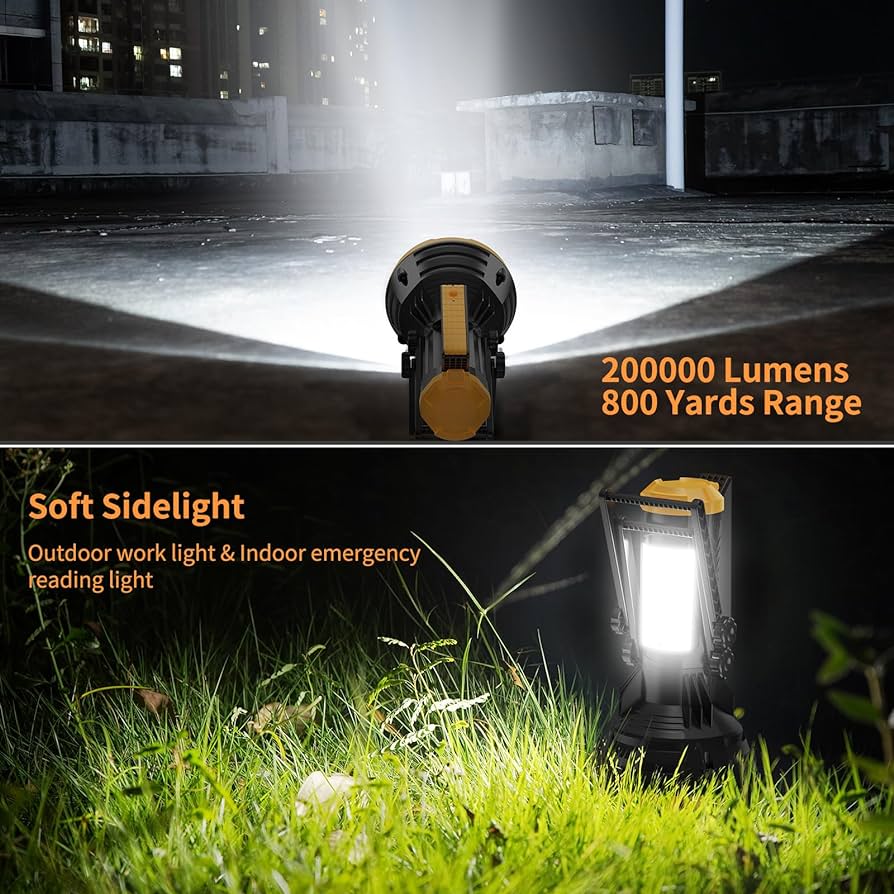 Rechargeable Spotlight Flashlight, 1000,000 lumens 600 Yards Range IP65 Waterproof Spot Lights Handheld Large searchlight with red Lens Side Flood Light Light USB C Recharge (Bright Yellow)
